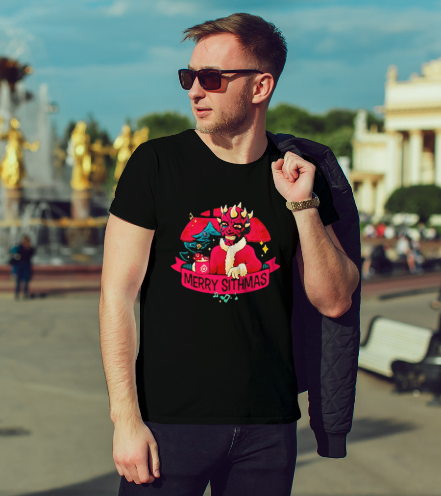 Star Wars Merry Sithmas Featuring Darth Maul In Santa Suit With Christmas Tree And Festive Elements T-Shirt