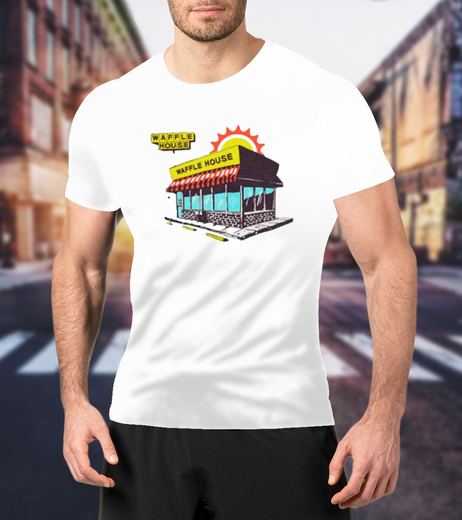 Waffle House Restaurant Building With Sunburst Background T-Shirt