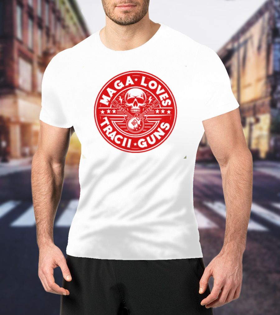 Maga Loves Tracii Guns Skull And Guitar Emblem With Stars And Lightning Bolts T-Shirt