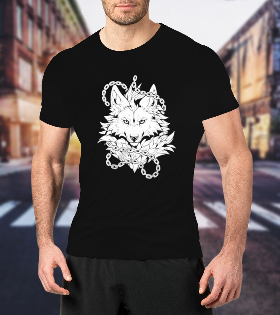 Wolf And Chains Intricate Black White T-Shirt