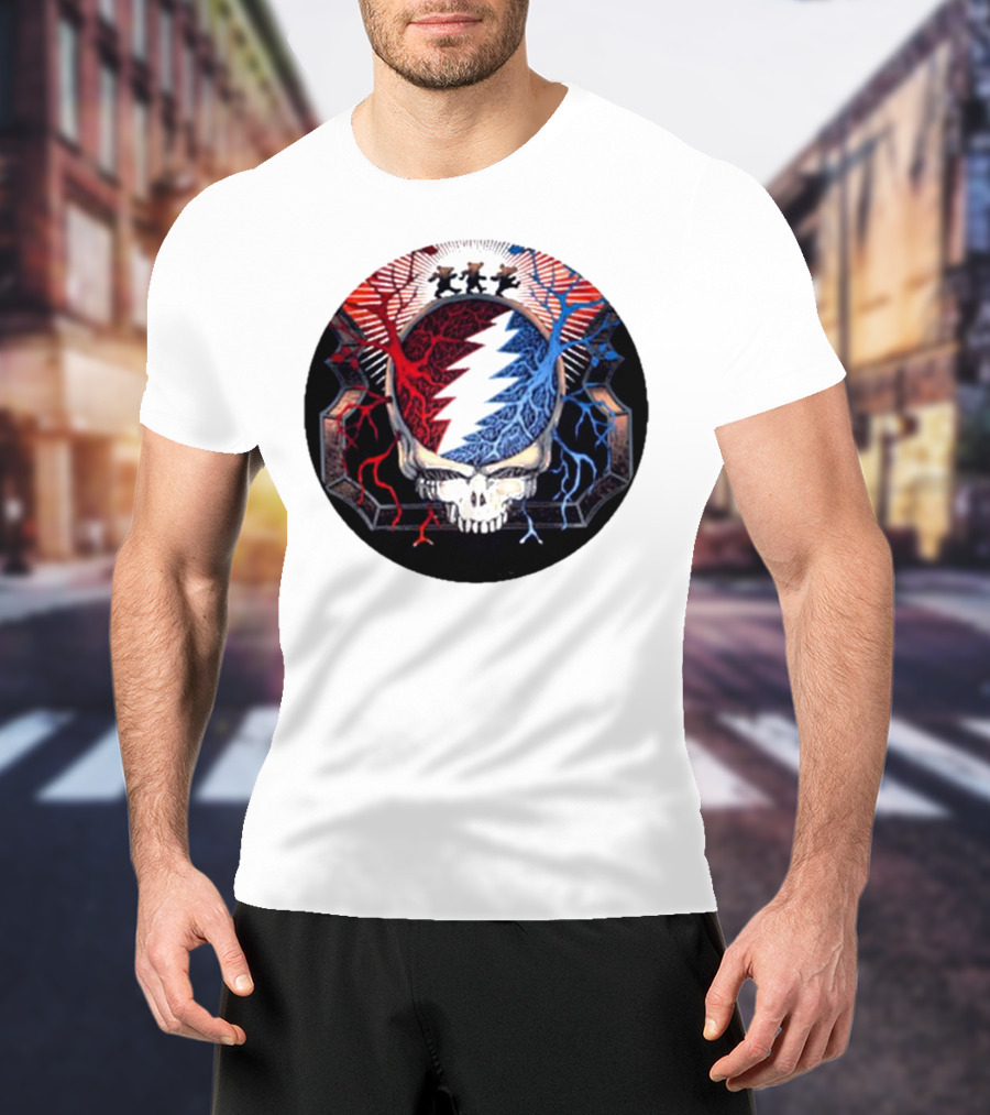 Grateful Dead Skull Bear Red Blue Lightning Bolt Circle T-Shirt