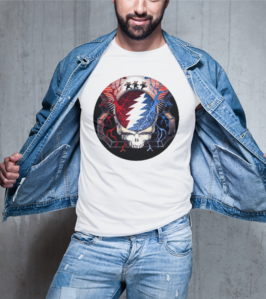 Grateful Dead Skull Bear Red Blue Lightning Bolt Circle T-Shirt