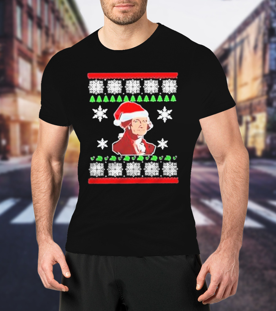 George Washington Santa Hat Christmas Ugly Sweater Style Snowflakes And Trees T-Shirt