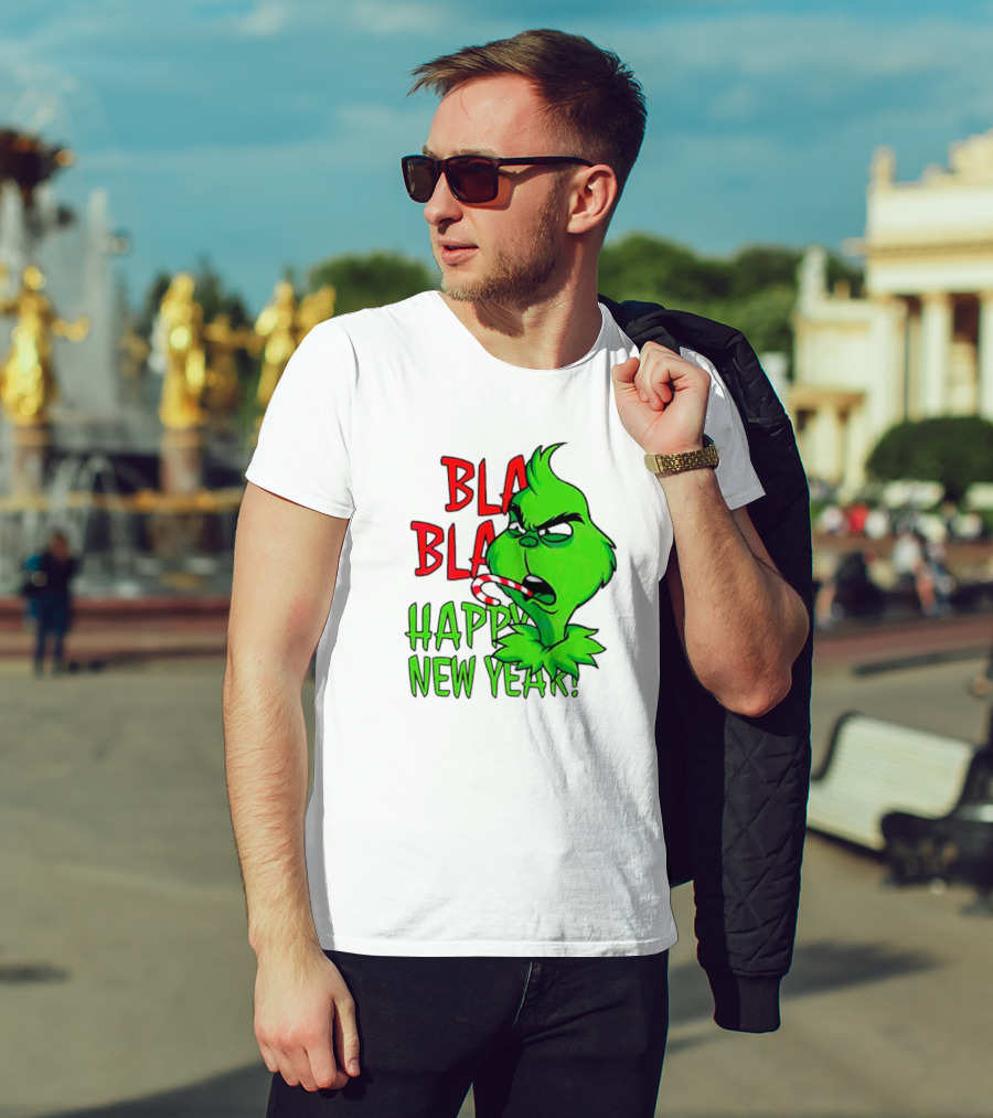 Bla Bla Happy New Year Grinch Candy Cane Image T-Shirt
