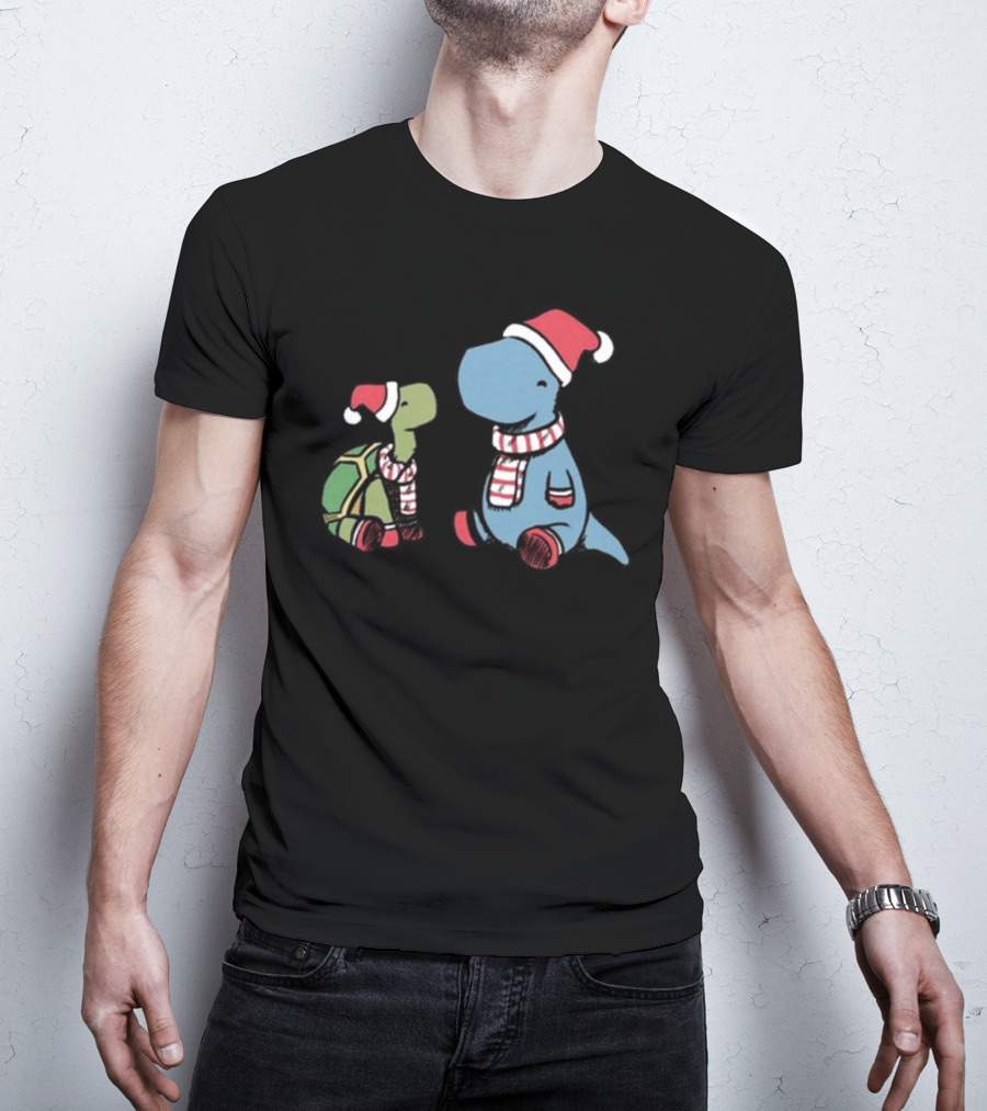 Dinosaur Christmas Tortoise And Dino In Santa Hats And Scarves T-Shirt