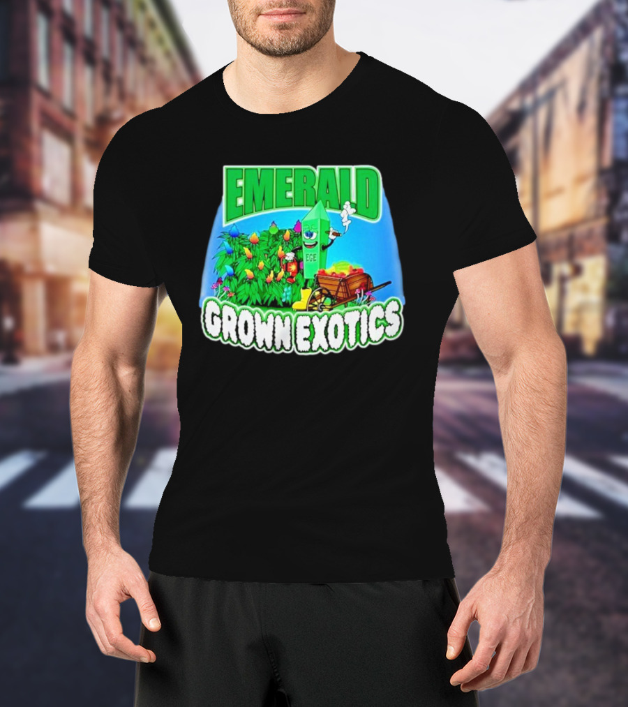 Emerald Grown Exotics Colorful Harvest With EGE Mascot And Wagon T-Shirt