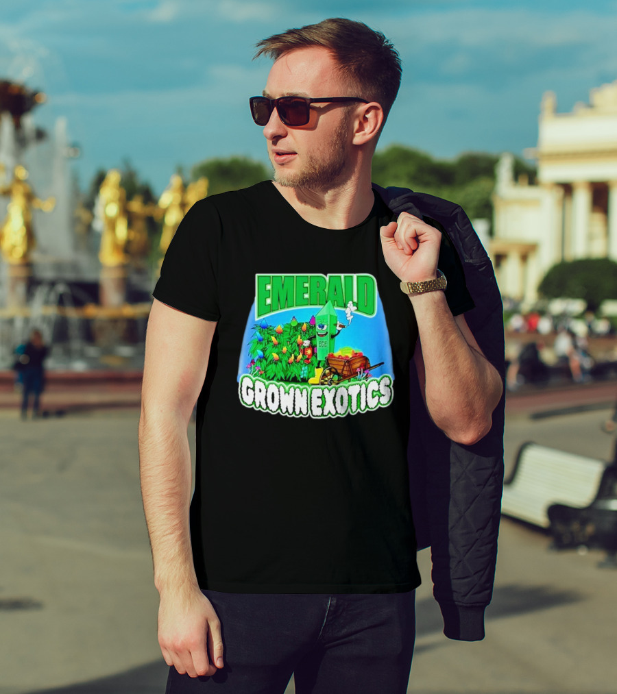 Emerald Grown Exotics Colorful Harvest With EGE Mascot And Wagon T-Shirt