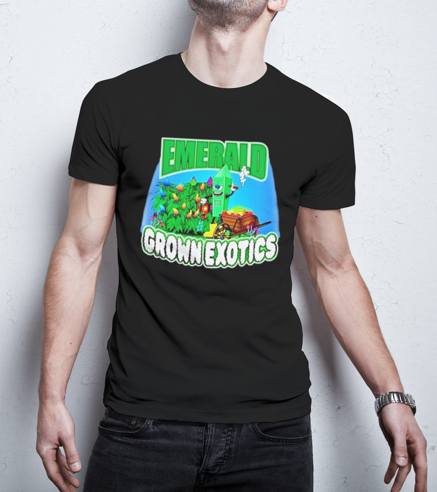 Emerald Grown Exotics Colorful Harvest With EGE Mascot And Wagon T-Shirt