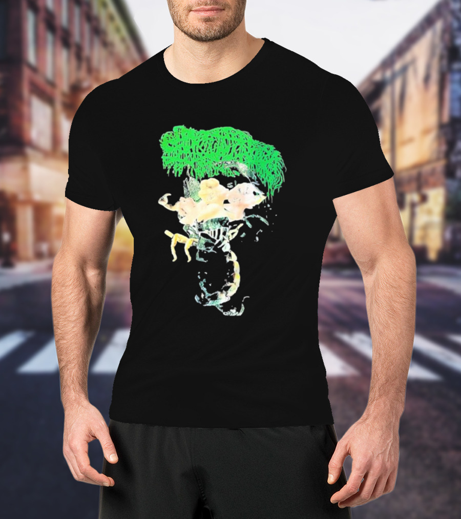 Sanguisugabogg Homicidal Ecstacy Abstract Green Dripping Text With Floral Skull And Spine T-Shirt