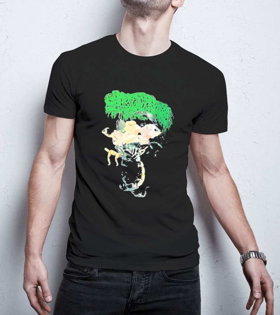 Sanguisugabogg Homicidal Ecstacy Abstract Green Dripping Text With Floral Skull And Spine T-Shirt