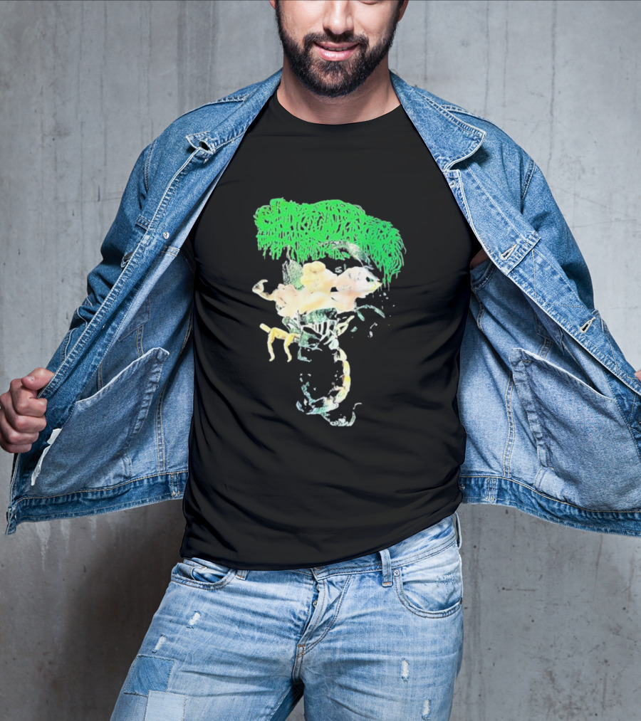 Sanguisugabogg Homicidal Ecstacy Abstract Green Dripping Text With Floral Skull And Spine T-Shirt