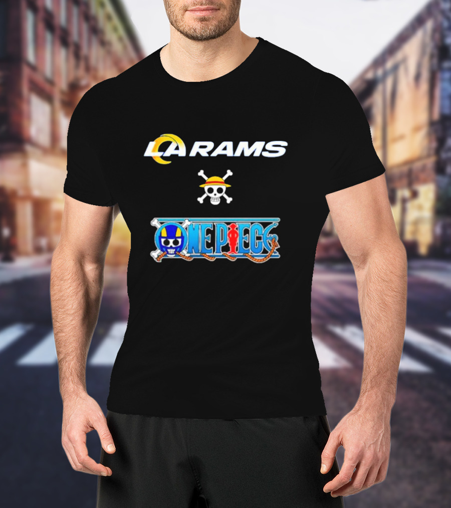 LA Rams One Piece Crossover Logo Skull Hat T-Shirt