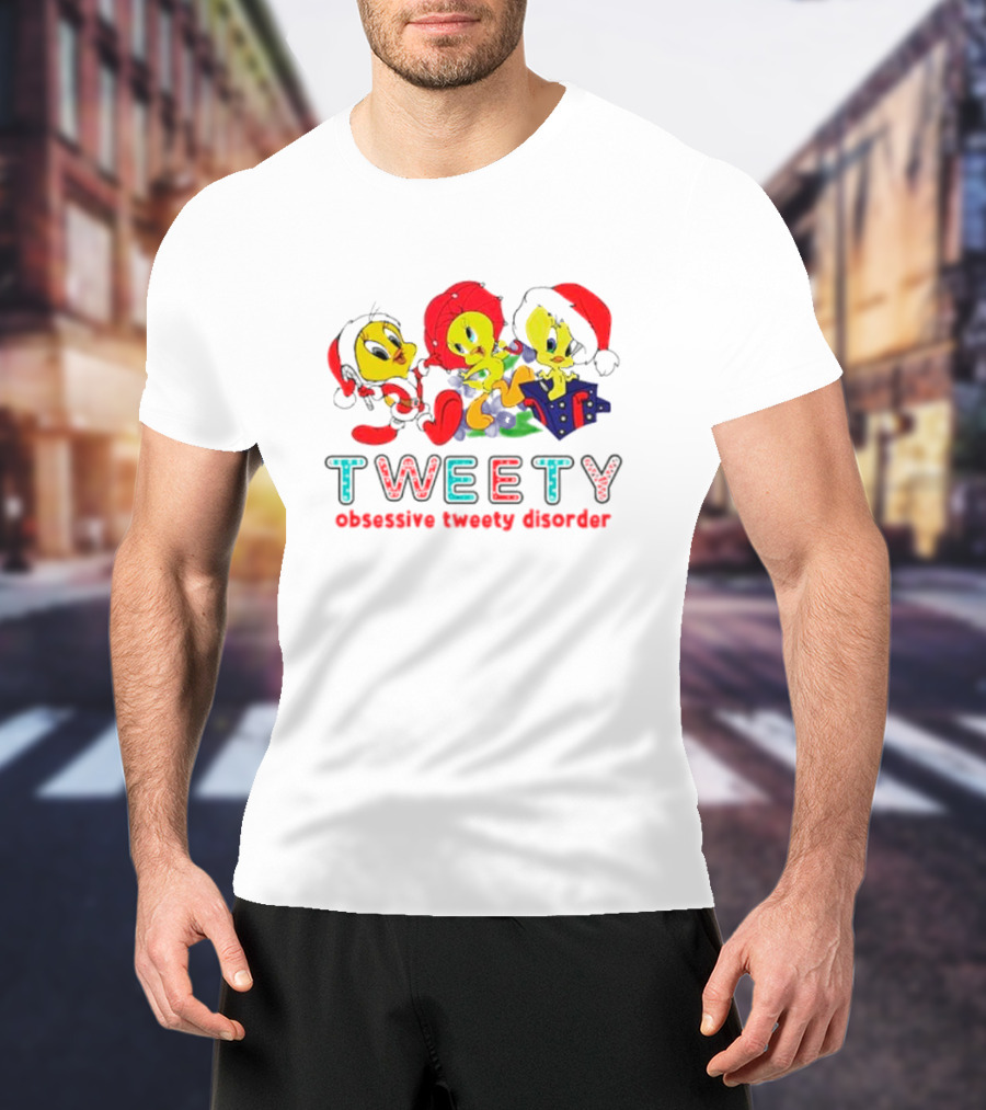 Tweety Obsessive Tweety Disorder With Christmas Hats And Gifts T-Shirt