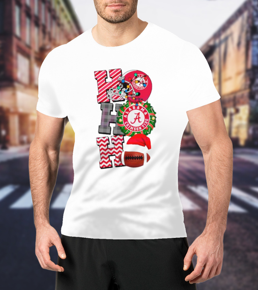 Alabama Crimson Tide Football Christmas Ho Ho Ho Santa Hat Wreath Football Helmet T-Shirt