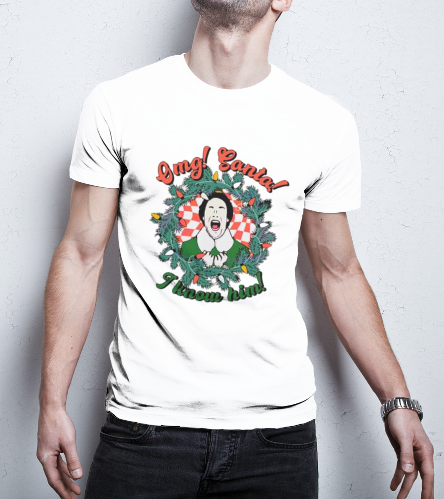 Elf Omg Santa I Know Him Funny Christmas Wreath Lights T-Shirt