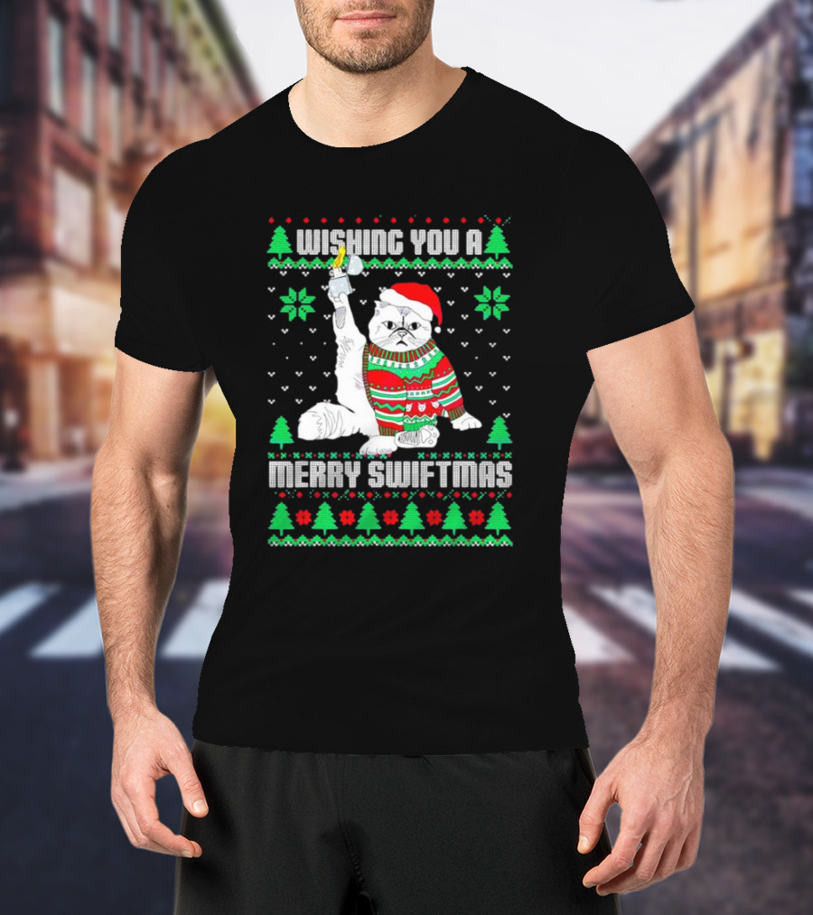 Wishing You A Merry Swiftmas Cat Santa Ugly Christmas T-Shirt