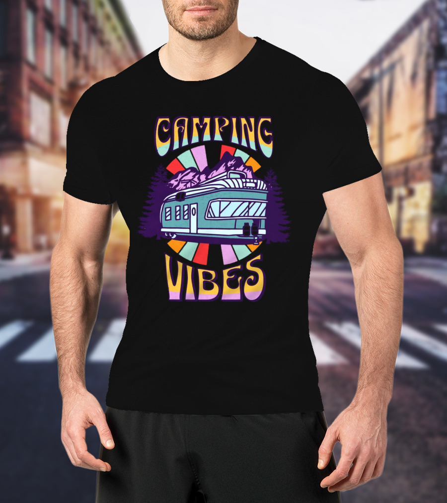 Camping Vibes Retro Travel Trailer Mountains Colorful Sunburst T-Shirt