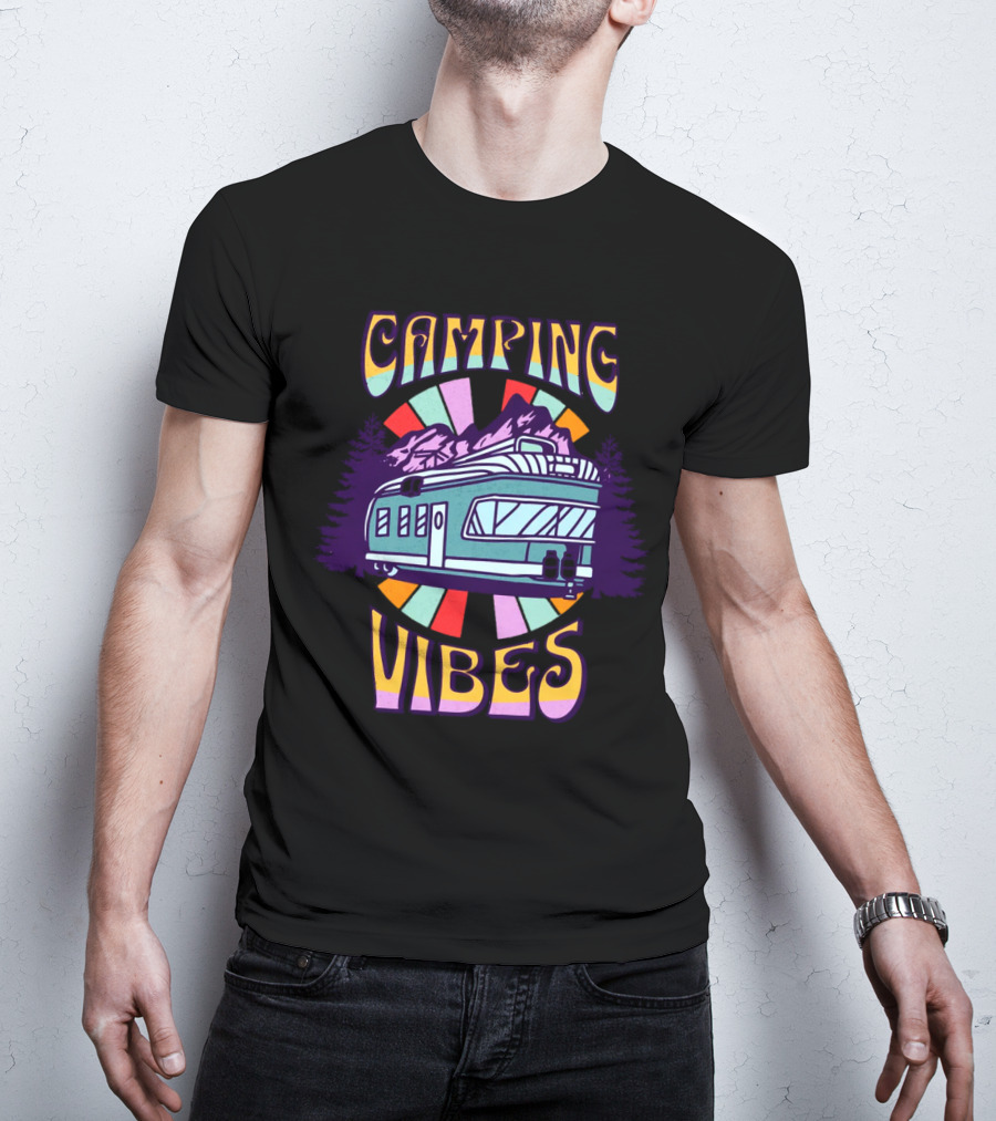 Camping Vibes Retro Travel Trailer Mountains Colorful Sunburst T-Shirt