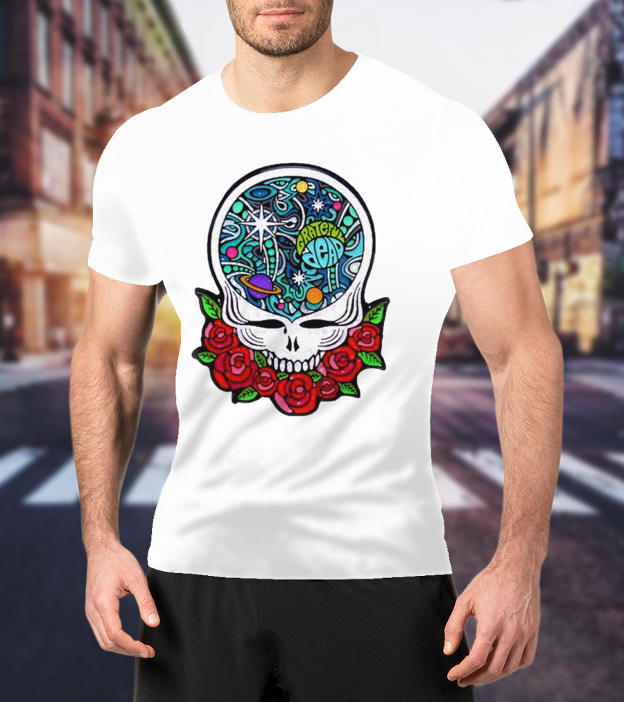 Grateful Dead Skull With Cosmic Rose Design By Danny Steinman T-Shirt