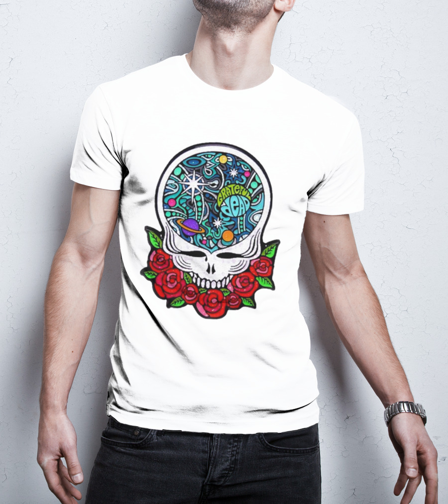 Grateful Dead Skull With Cosmic Rose Design By Danny Steinman T-Shirt