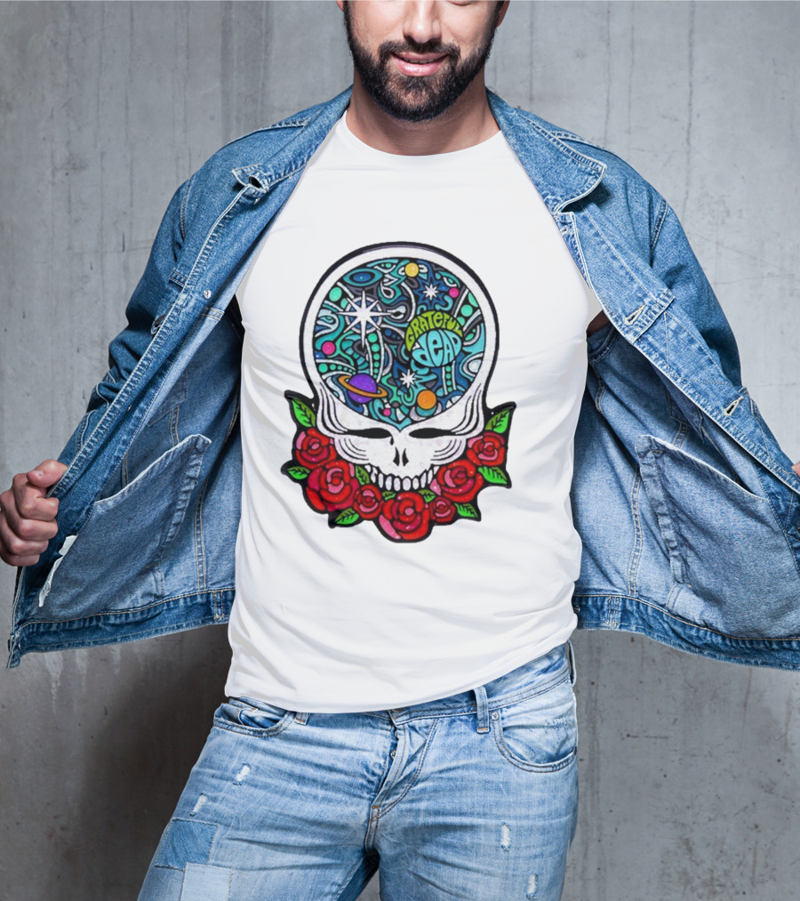 Grateful Dead Skull With Cosmic Rose Design By Danny Steinman T-Shirt
