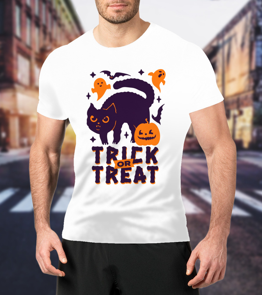 Trick Or Treat Halloween Cats Pumpkins Ghosts And Bats T-Shirt