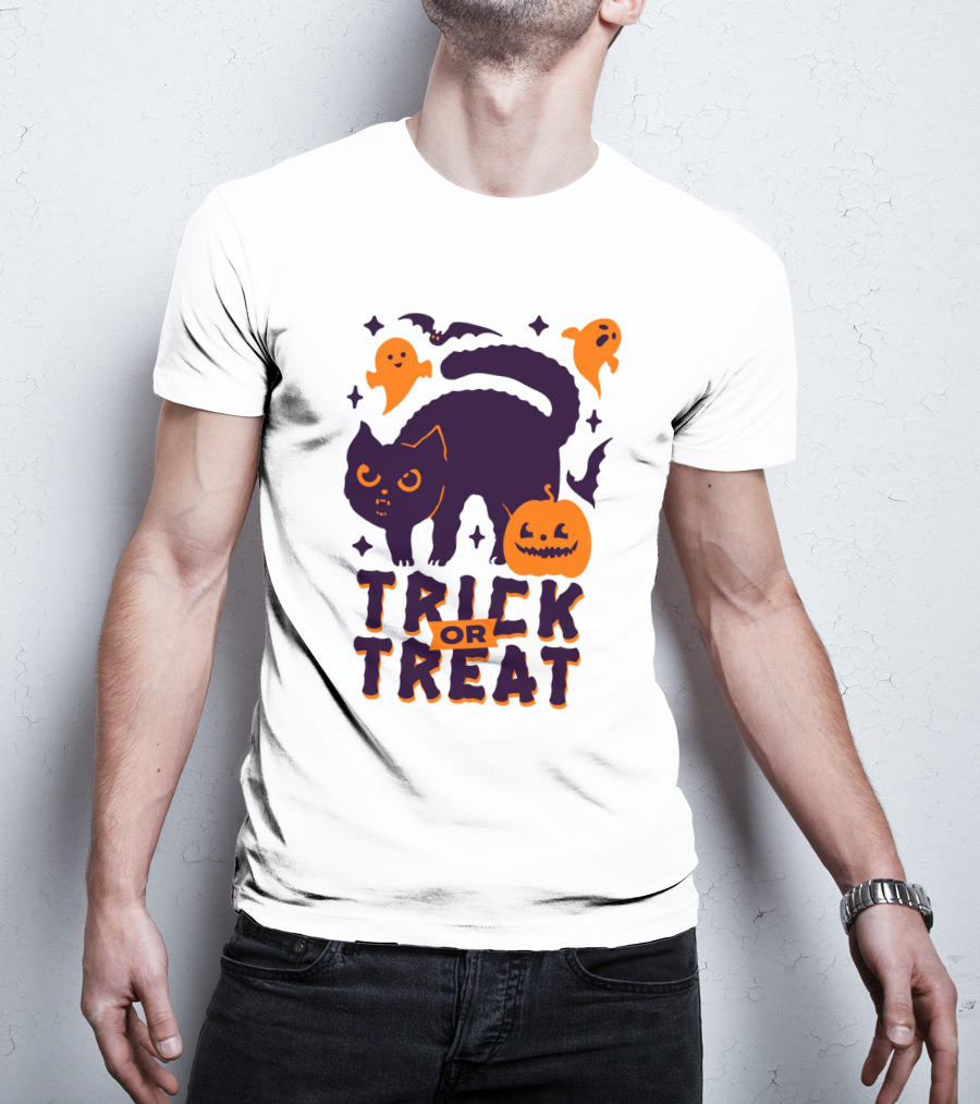 Trick Or Treat Halloween Cats Pumpkins Ghosts And Bats T-Shirt