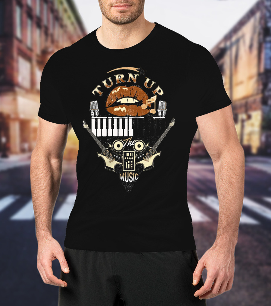 TURN UP THE MUSIC Keyboard Guitars And Microphones T-Shirt