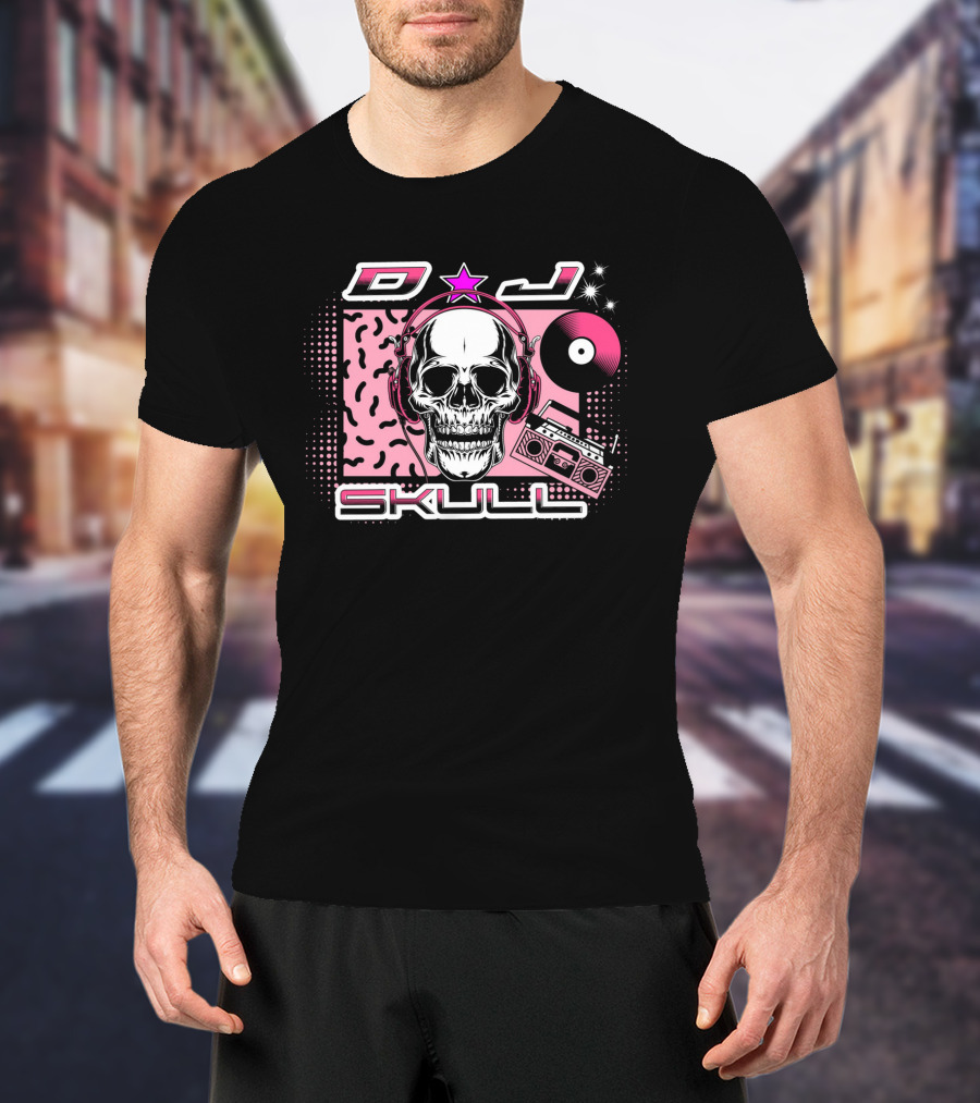 DJ Skull Retro Headphones Boombox Vinyl Star T-Shirt