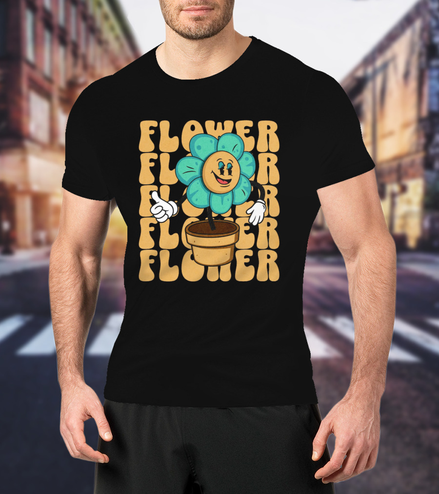Flower Happy Blue Petal Character In Pot With Groovy Text T-Shirt