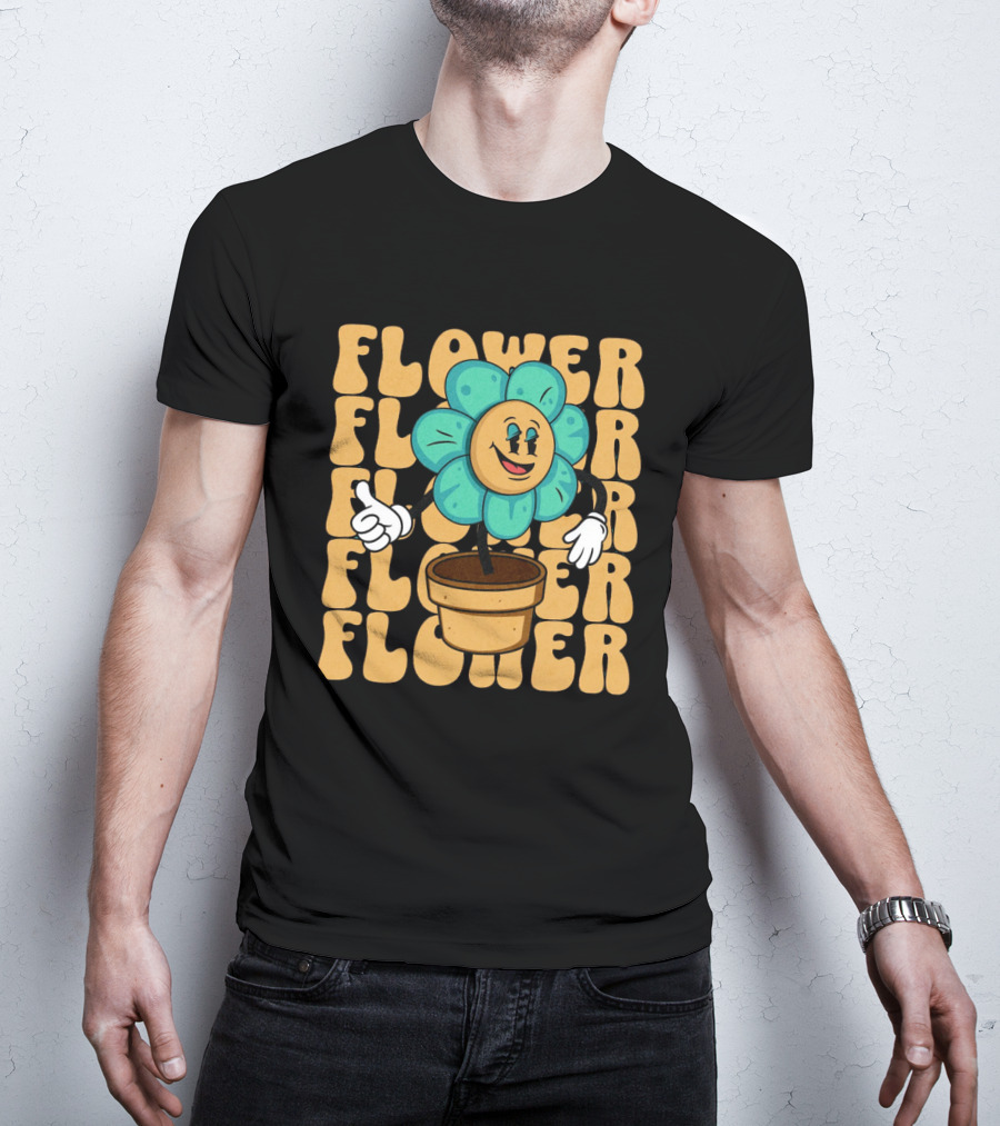 Flower Happy Blue Petal Character In Pot With Groovy Text T-Shirt