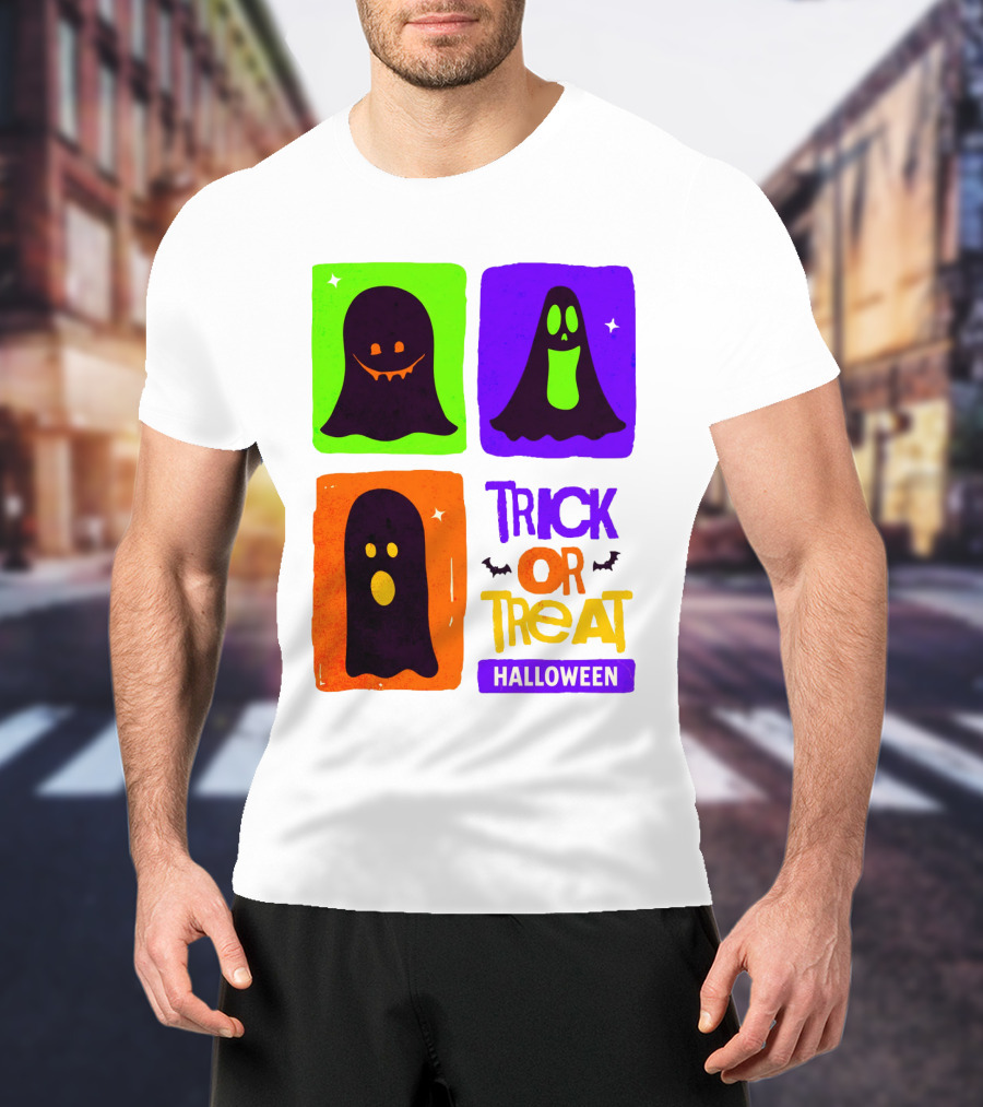 Halloween Trick Or Treat Ghosts In Colorful Boxes T-Shirt
