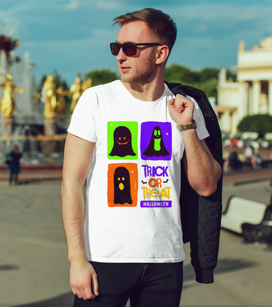 Halloween Trick Or Treat Ghosts In Colorful Boxes T-Shirt