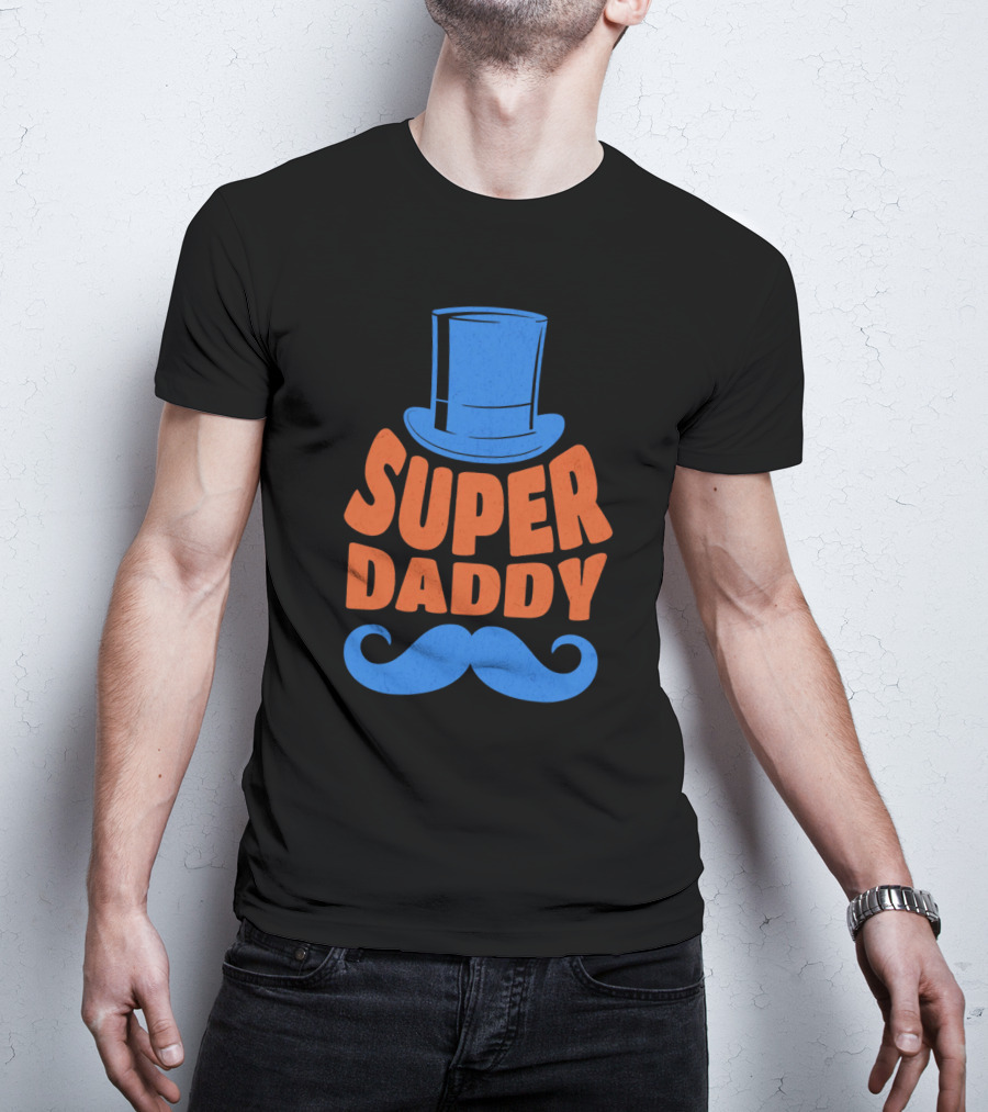 Super Daddy Mustache Top Hat Blue T-Shirt