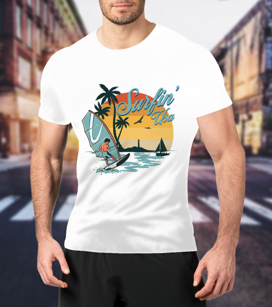 Surfin' Usa Retro Sunset Windsurfer Palm Trees Ocean Scene T-Shirt