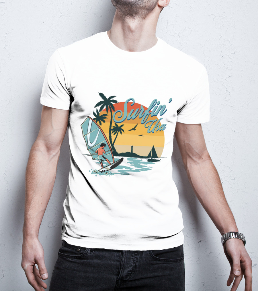 Surfin' Usa Retro Sunset Windsurfer Palm Trees Ocean Scene T-Shirt