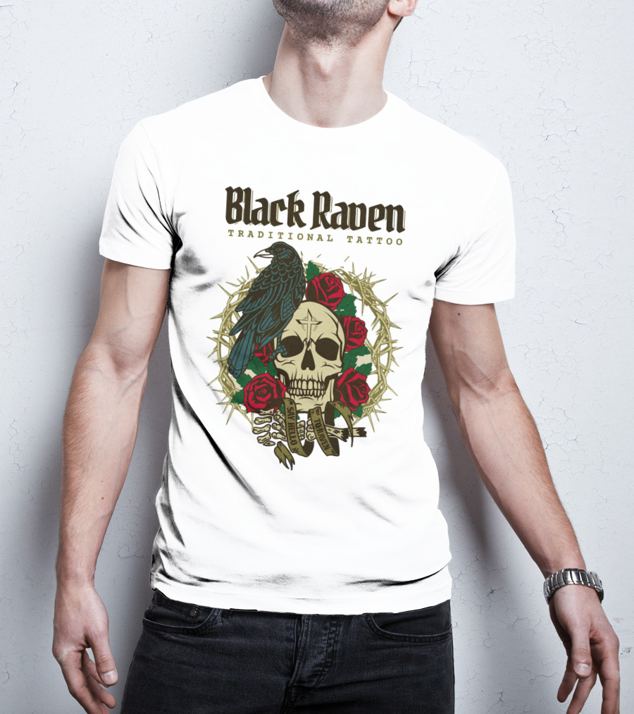 Black Raven Traditional Tattoo Skull Roses Thorns T-Shirt