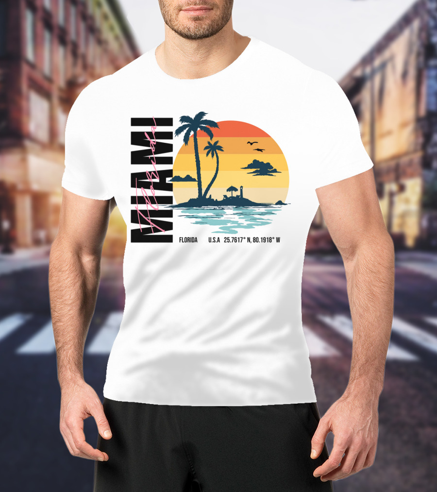 Florida Miami Beach Sunset Coordinates Palm Trees T-Shirt
