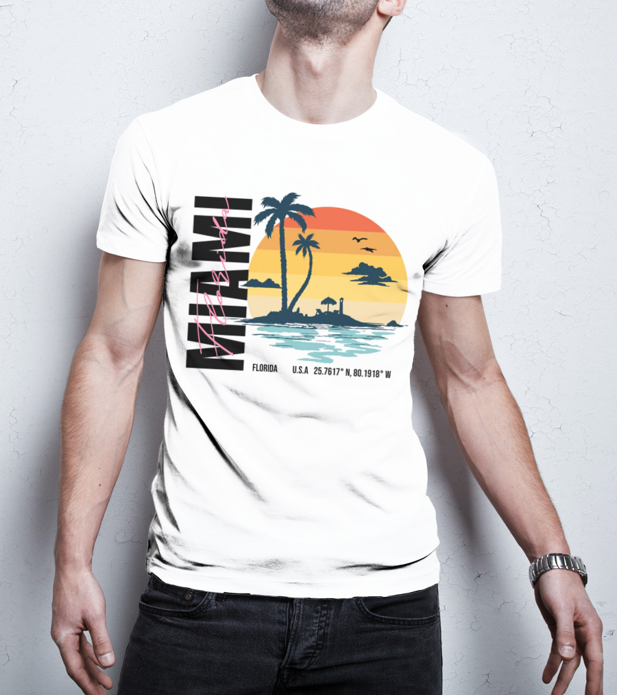 Florida Miami Beach Sunset Coordinates Palm Trees T-Shirt