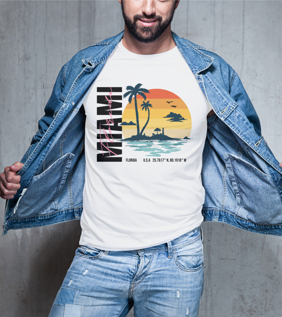 Florida Miami Beach Sunset Coordinates Palm Trees T-Shirt