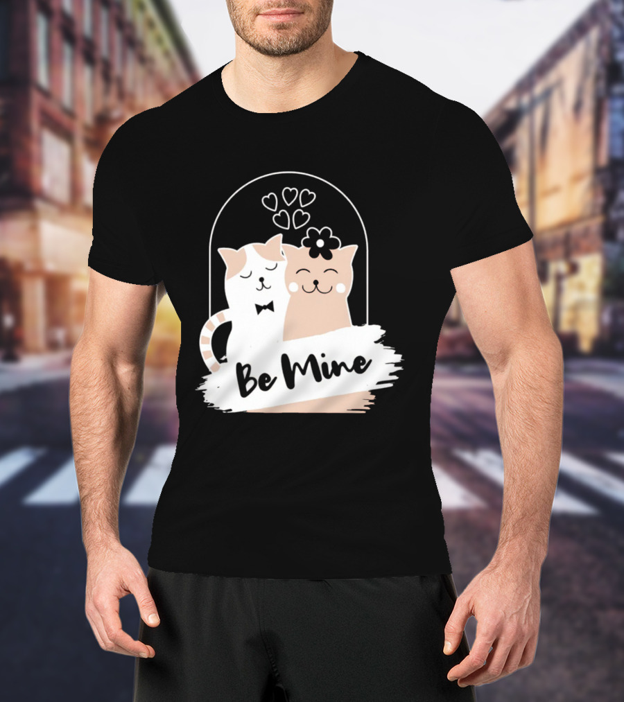 Be Mine Cute Cat Couple With Hearts And Bow Tie T-Shirt