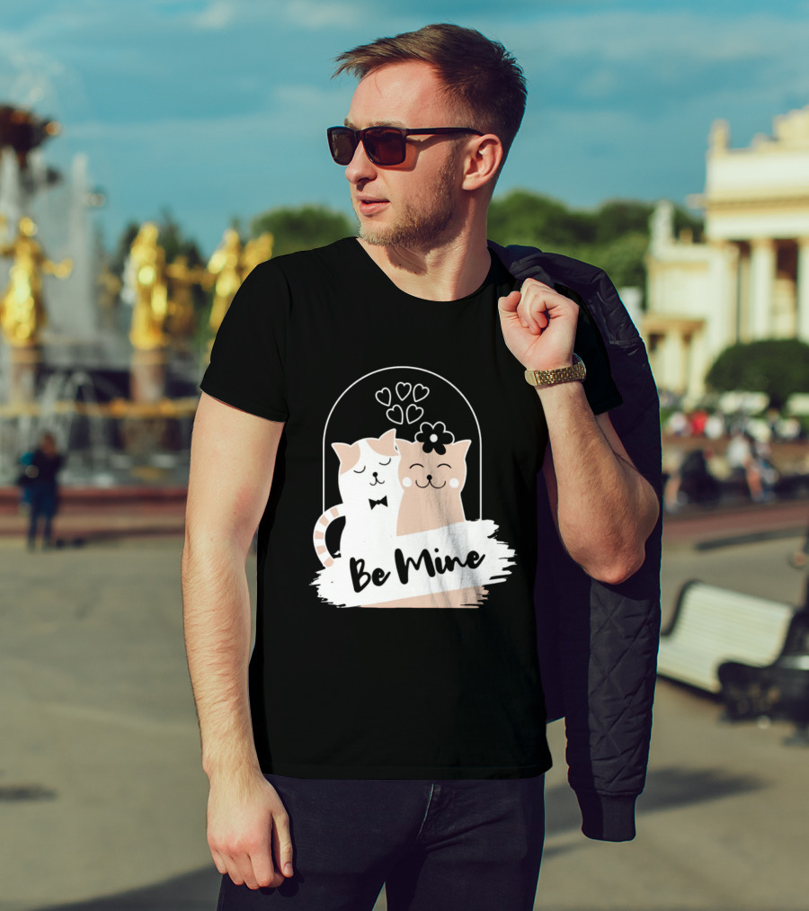 Be Mine Cute Cat Couple With Hearts And Bow Tie T-Shirt