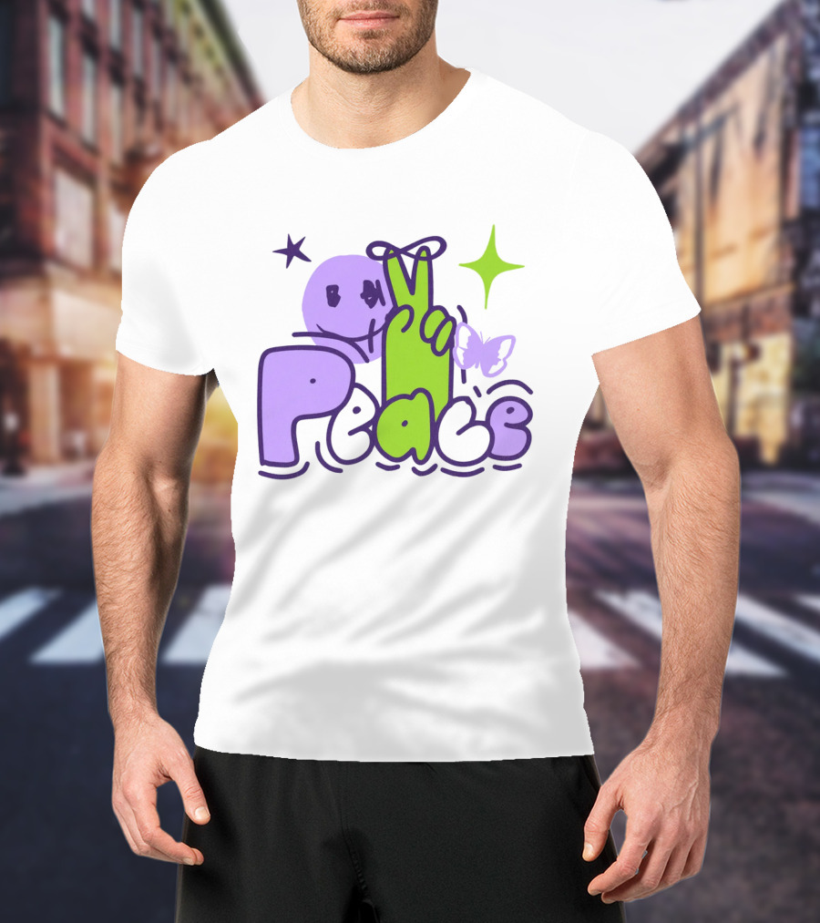 Peace Doodle Smiley Face Butterfly Star Purple Green T-Shirt