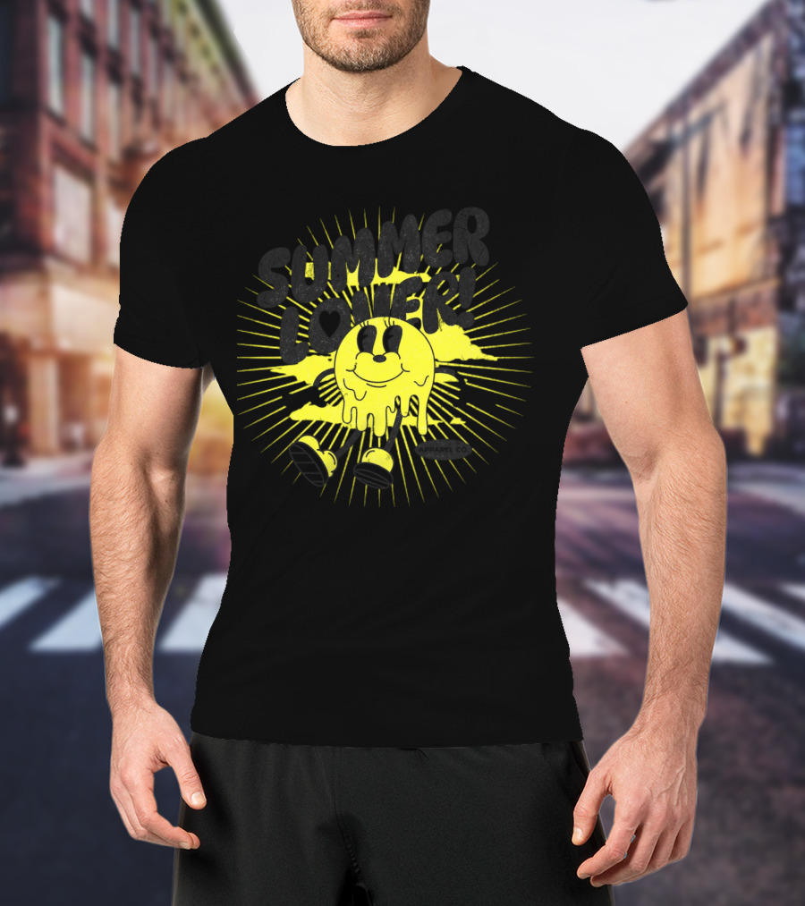 Summer Lover Cartoon Melting Smiley With Radiant Sunburst Background T-Shirt