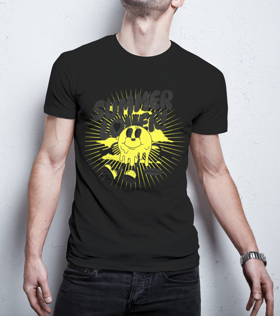 Summer Lover Cartoon Melting Smiley With Radiant Sunburst Background T-Shirt