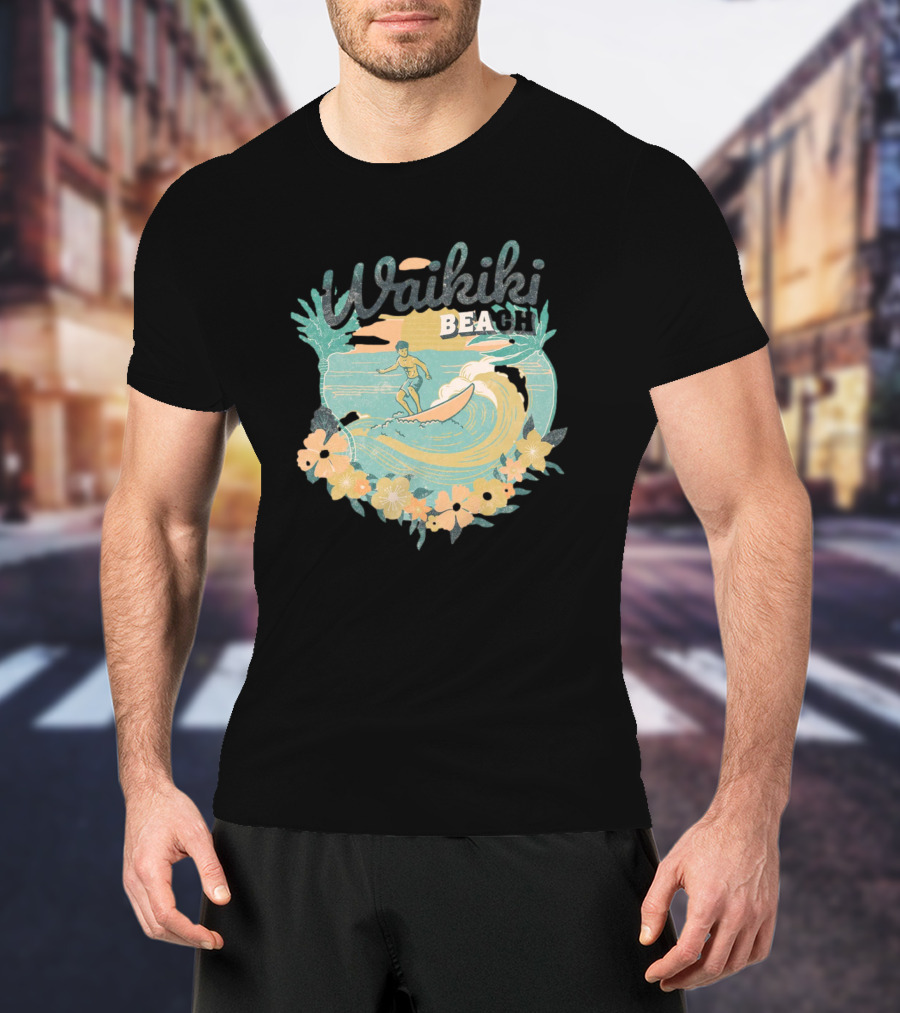 Waikiki Beach Vintage Surfing Adventure Floral T-Shirt