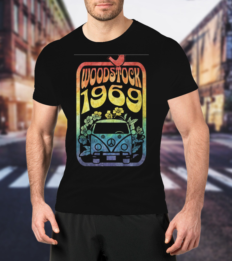 Woodstock 1969 Colorful Campervan Peace Symbol With Flowers T-Shirt