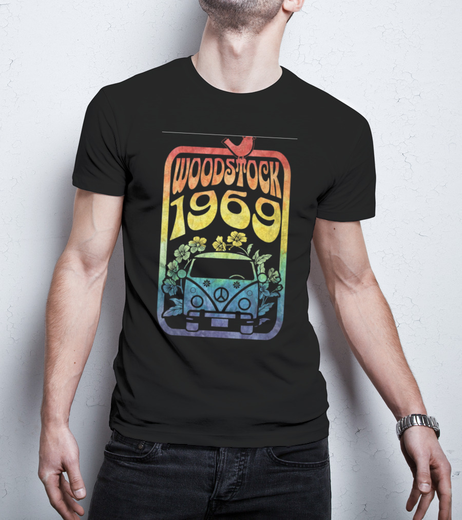 Woodstock 1969 Colorful Campervan Peace Symbol With Flowers T-Shirt