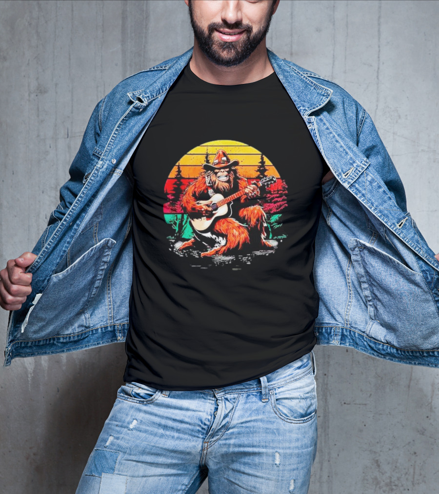 Bigfoot Playing Guitar Retro Sunset Forest Vintage Styles T-Shirt