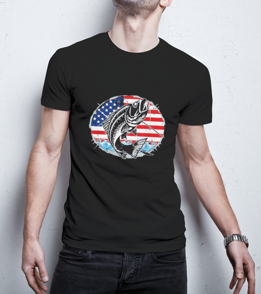 Fishing Lovers American Flag Bass Catch Waves Patriotic T-Shirt